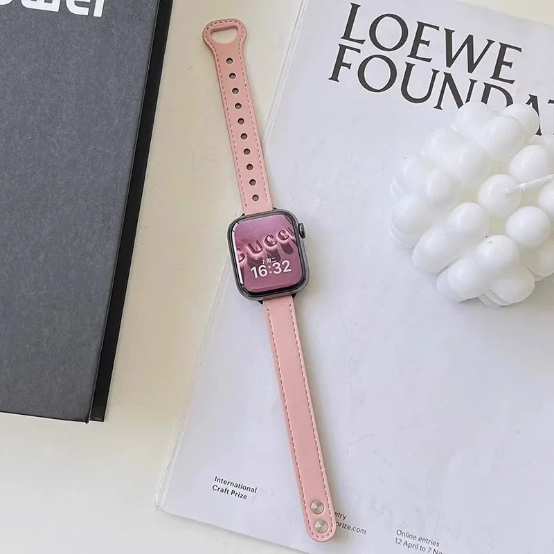 Thin Leather Strap for Apple Watch Band 10 9 8 46mm 42mm 41mm 44mm 45mm 38/40mm Women Watchband Bracelet Belt iWatch 7 SE 6 5 4