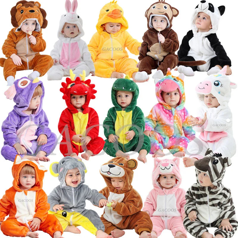 Cartoon Flannel Baby Rompers Unicorn Rabbit Dinosaur Pajamas Cotton Baby Boy Girls Animal Costume Baby Jumpsuit Kigurumi Outfits