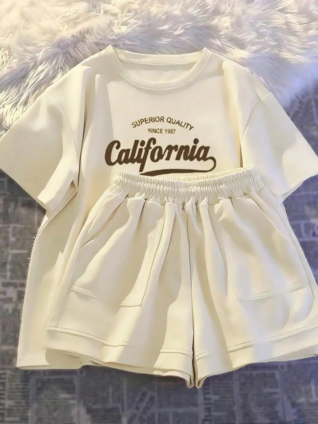 Women's Casual Daily Short-Sleeved Love Printed+Striped Printed Shorts 2-Piece Set with Random Belt Striped Children's Clothing