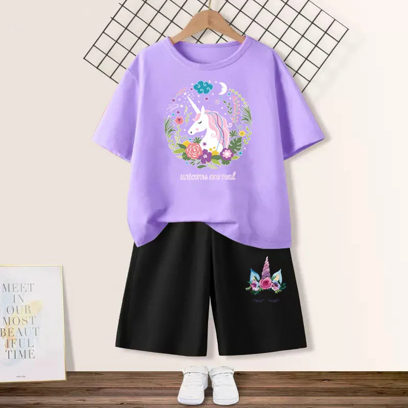 Girls Happy Cat Printed 2PC Outfit Set Summer Fashion Short Sleeve T-Shirt And Shorts Combo Cute Kids Clothing