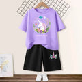 Girls Happy Cat Printed 2PC Outfit Set Summer Fashion Short Sleeve T-Shirt And Shorts Combo Cute Kids Clothing
