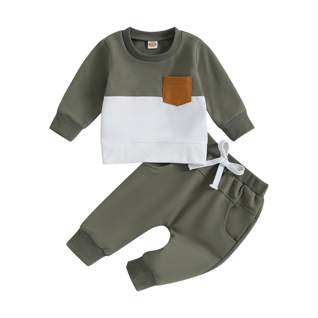 2PCS Winter Baby Tracksuit For Toddler Boys Outfits Contrast Color Long Sleeve Sweatshirts Tops Long Pants Toddler Clothes Set