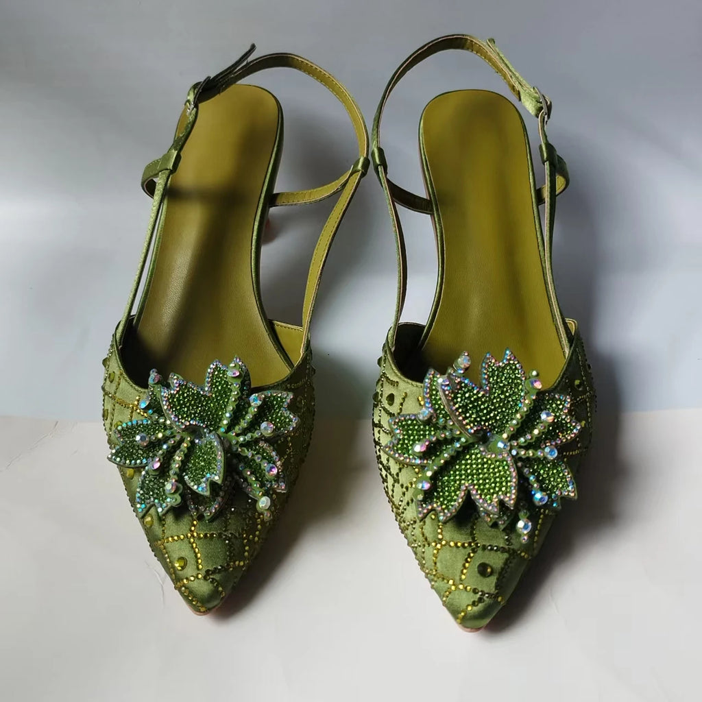 INSIGHTLINK Luxury Olive Green Rhinestones Women's Shoe and Bag Set for Party Wedding Crystals Heeled Pumps and Handbag Sandals