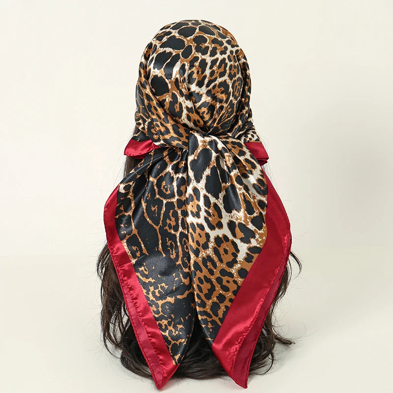 Leopard Square Silk Scarf Women Luxury Brand Satin Print Hijab Scarves Pareo Bandana Female Shawl Wrap Headband Foulard 90*90cm