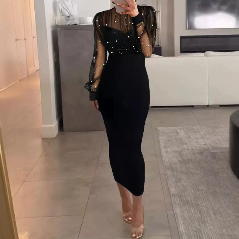 Women Mesh Pearl Splice Long Dress Full Sleeve Slim Fit Wrap Hip Dresses Y2k Sheath Evening Vestidos Sexy Elegant High Waist