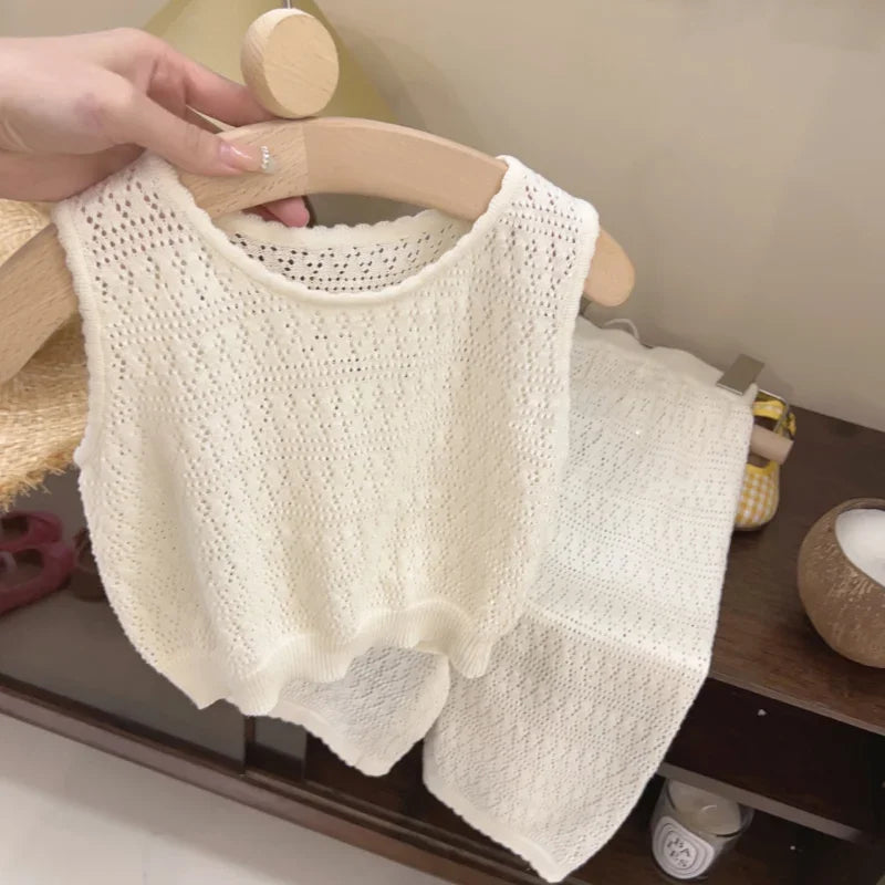 Girls Summer Clothing Set New Kids Knitted Hollow Lace Suit Girl Fashion Breathable Vest + Wide Leg Pants Outfits Children Sets