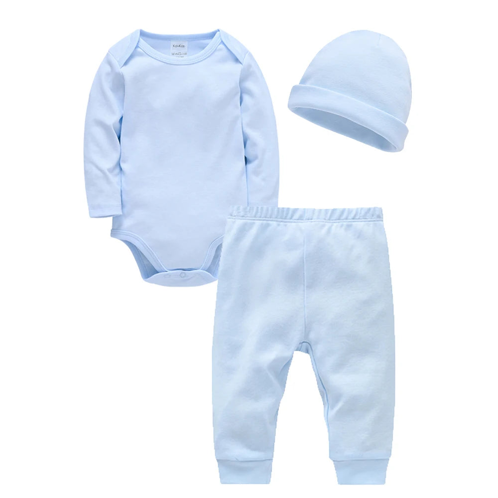 2/3 Pieces Set 100% Cotton Baby Rompers Pants Hat Blank Colors Kids Trousers Plain Newborn Clothing Muslin Bodysuit Clothes