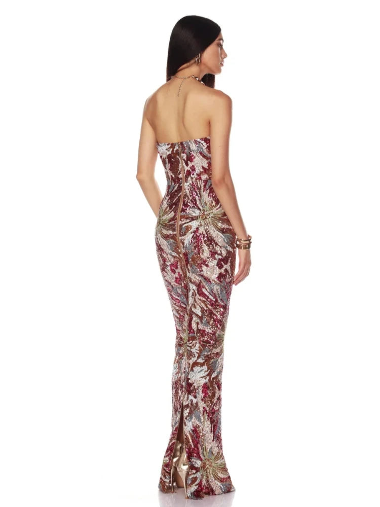 Sexy Strapless Multi Sequin Embroidery Long Dress Women Sleeveless Backless Luxury Sequined Slim Dresses Evening Party Gowns