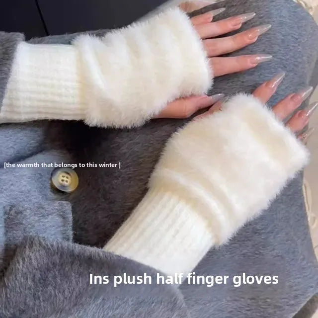 Women's Warm Plush Half-Finger Gloves for Autumn Winter Multi-Functional Cute Office Wear Cold-Resistant Fingerless Mittens
