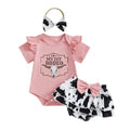 Pudcoco Infant Baby Girl Western Outfits Letter Short Sleeve Romper + Cow Print Tiered Ruffled Shorts + Bow Headband Set 0-18M