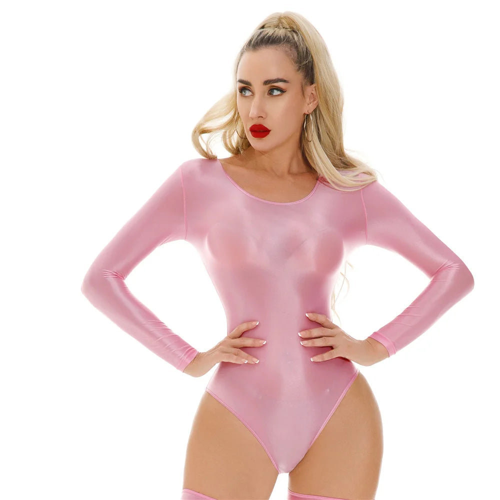 Sexy Women Stain Smooth HIgh Cut Bodysuit Oil Glossy Shiny Elastic Dance Tights Yoga Shaping Leotard One Pieces Thong