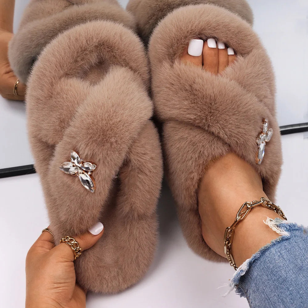 Women Furry Fur Slippers Soft Faux Fur Slides Ladies Plush House Slippers Cross Strap Open Toe Flat Sandals Fluffy Warm Shoes