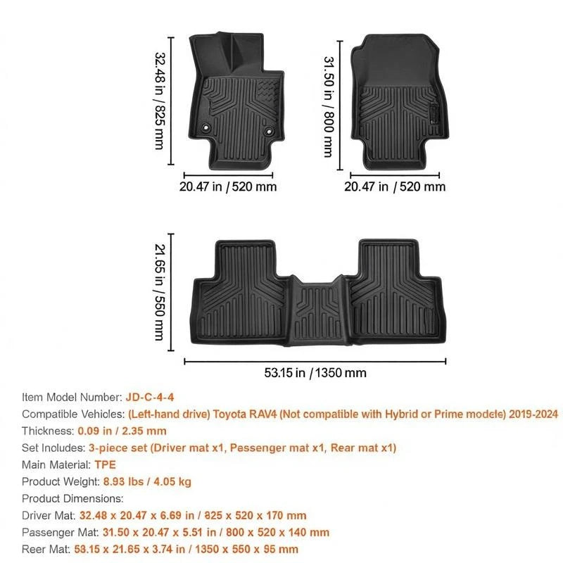 Car floor mats suitable for Toyota RAV4 (not for Hybrid or Prime) 2019–2024, 3-piece inserts for the front and second row, weatherproof custom-fit car floor mats made of TPE black