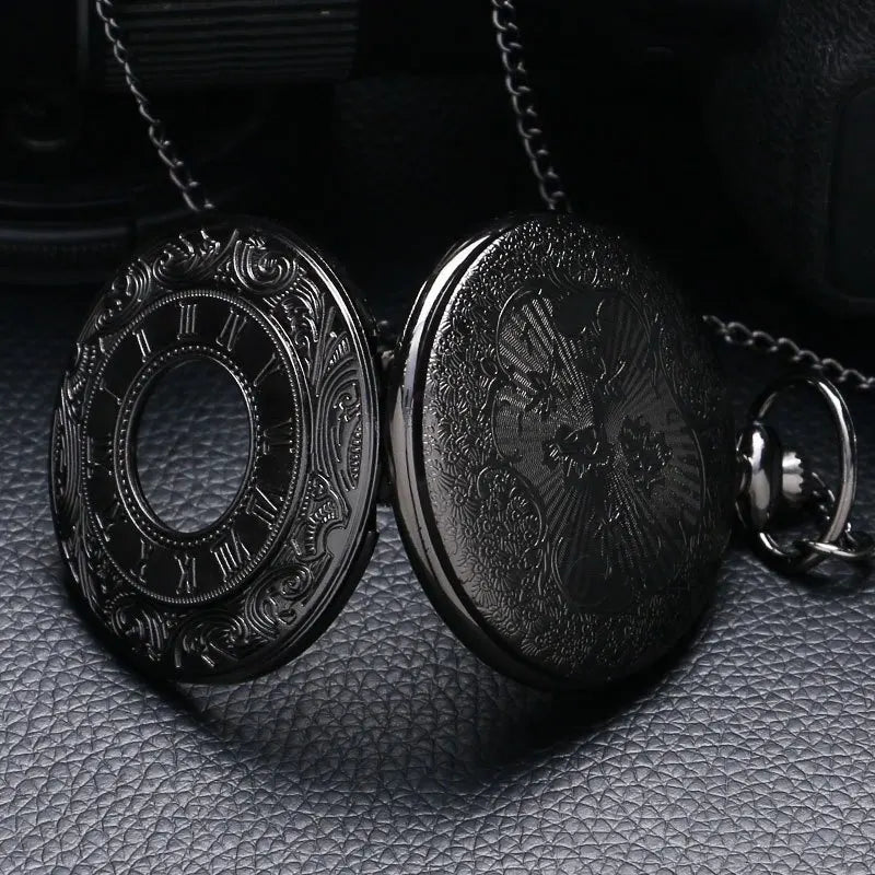 Vintage Charm Black Unisex Fashion Roman Number Quartz Steampunk Pocket Watch Women Man Necklace Pendant with Chain Gifts P427