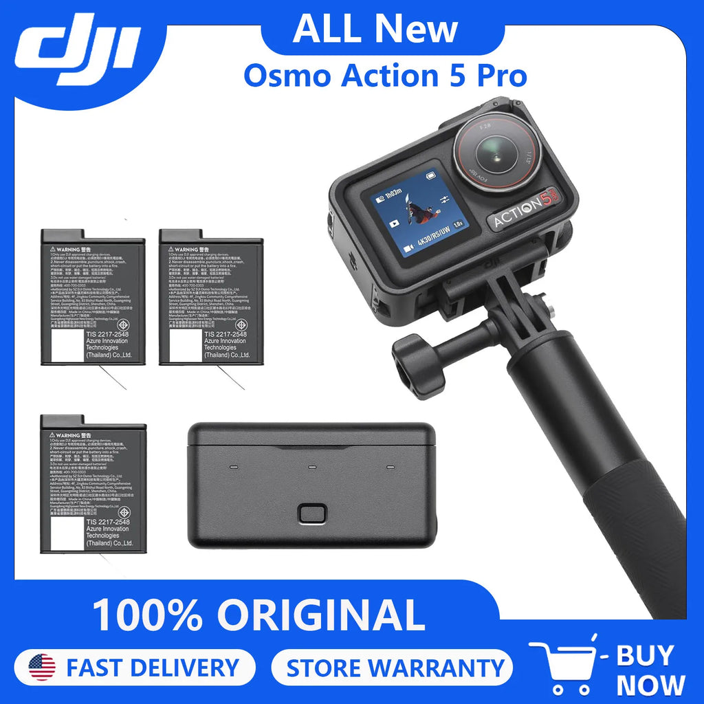 ALL New DJI Osmo Action 5 Pro Adventure Combo, Waterproof Action Camera 1/1.3" Sensor, 4K/120fps Video, Subject Tracking, 12h Extended Battery Life With 3 Batteries, 1.5m Extension Rod, Battery Case