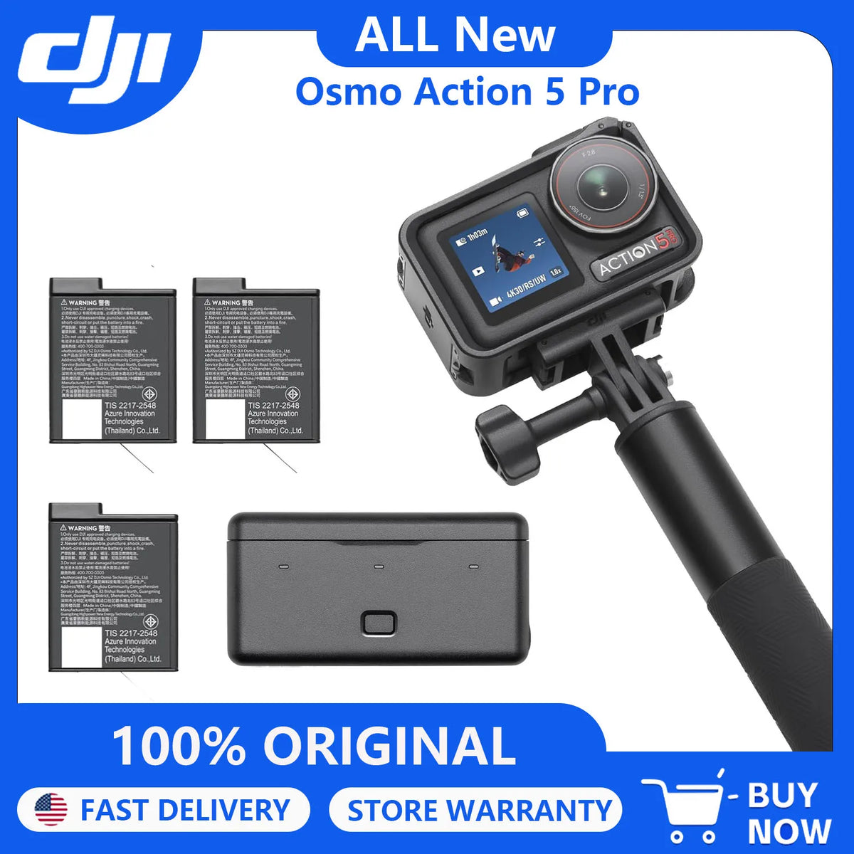 ALL New DJI Osmo Action 5 Pro Adventure Combo, Waterproof Action Camera 1/1.3" Sensor, 4K/120fps Video, Subject Tracking, 12h Extended Battery Life With 3 Batteries, 1.5m Extension Rod, Battery Case