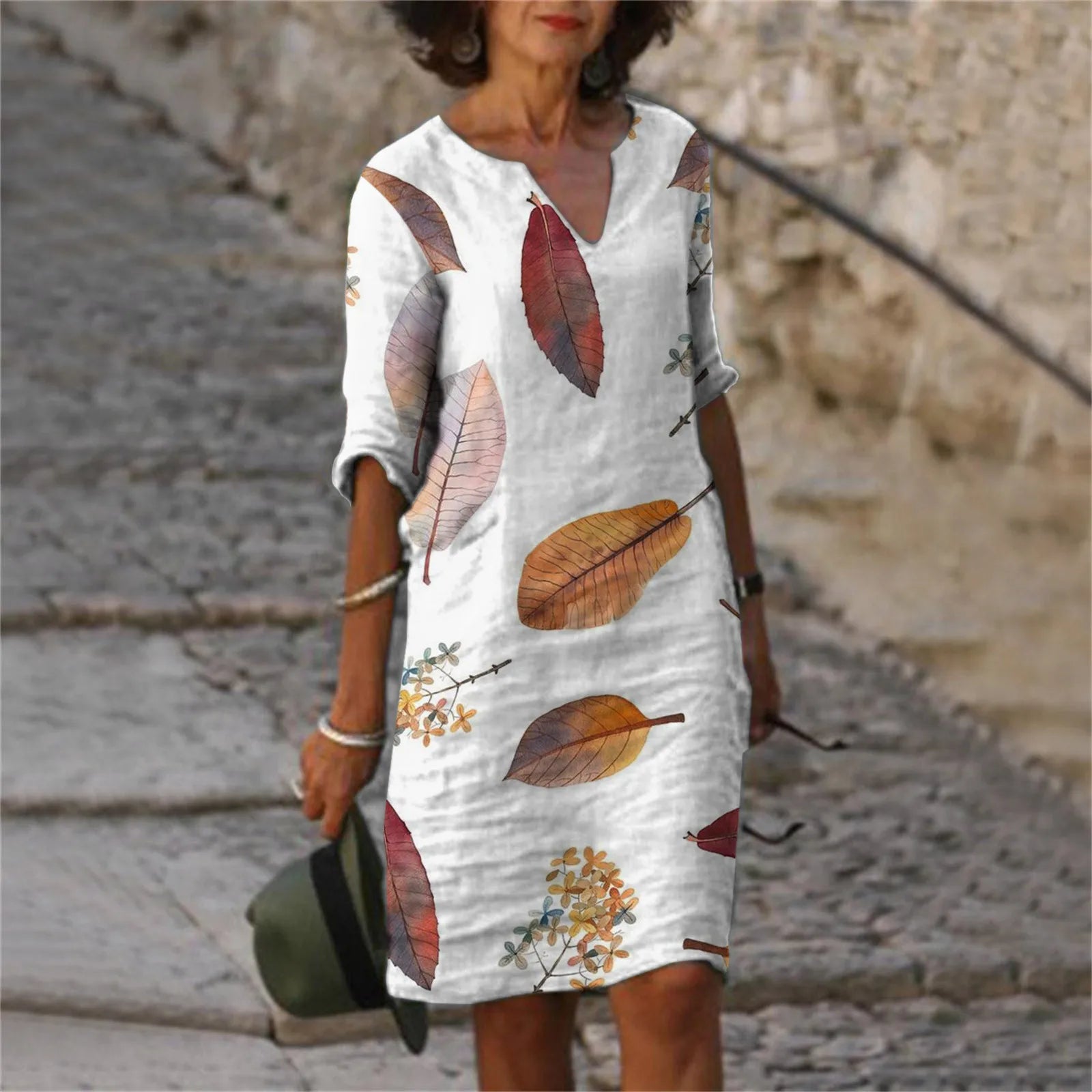 Mom Casual Dresses V Neck Elegant Retro Printed Medium Sleeved Dress Summer Fashion Streetwear Maxi Vestidos For Daily Fit