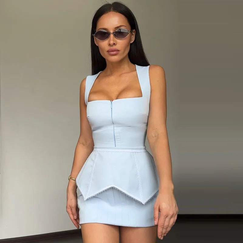 Elegant Printed Women's Dress Sleeveless Square Collar Waist-Closed Lady Mini Dresses With Waist Tape 2026 Summer Female Robes