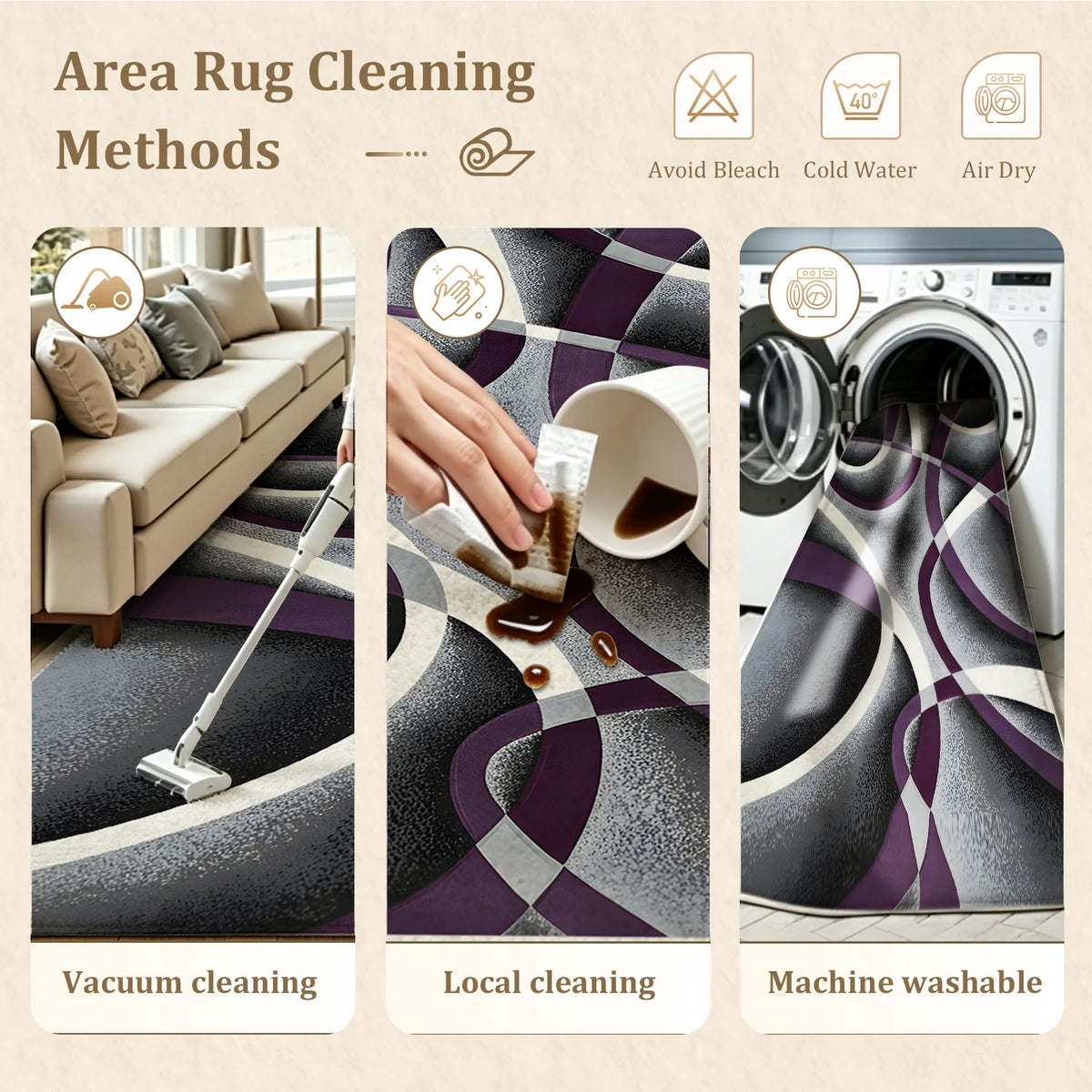 Large Indoor Area Rug, Soft Velvet Low Pile Non-Slip Dotted Backing Machine Washable, Modern Abstract Purple Gray White Swirl Design for Living Room Bedroom