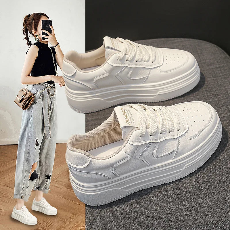 Leather thick sole increase board shoes 2024 early spring new Korean version of all small white shoes women leisure