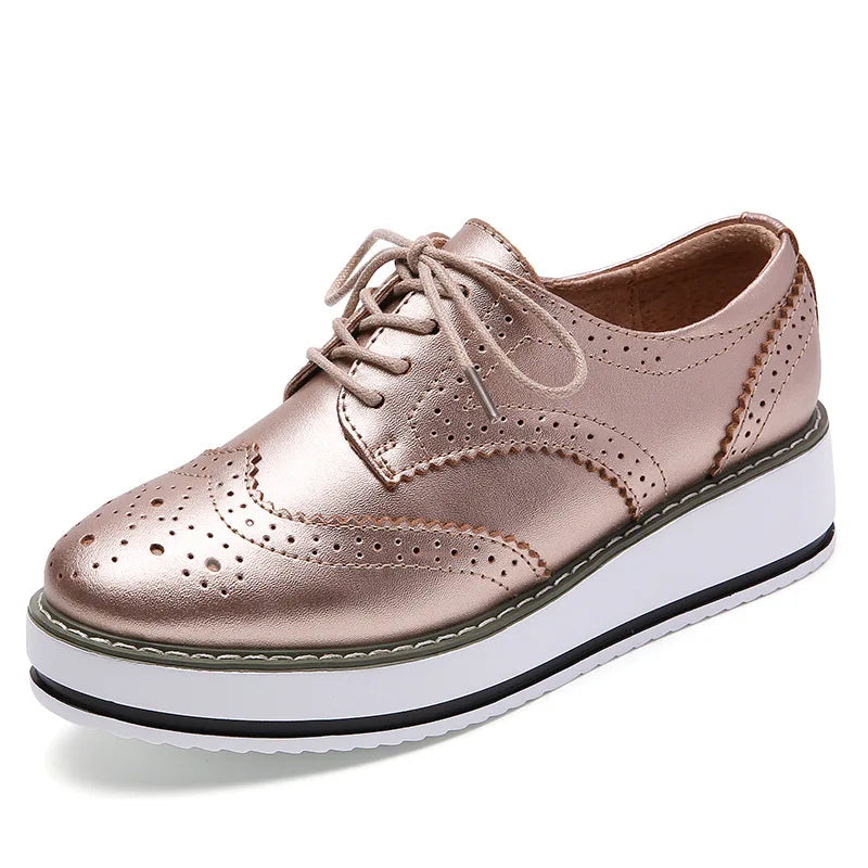EOFK Spring Autumn Women Derby Platform Flats Brogue Leather Lace up Classic Bullock Footwear Gold Female Oxford Shoes Lady