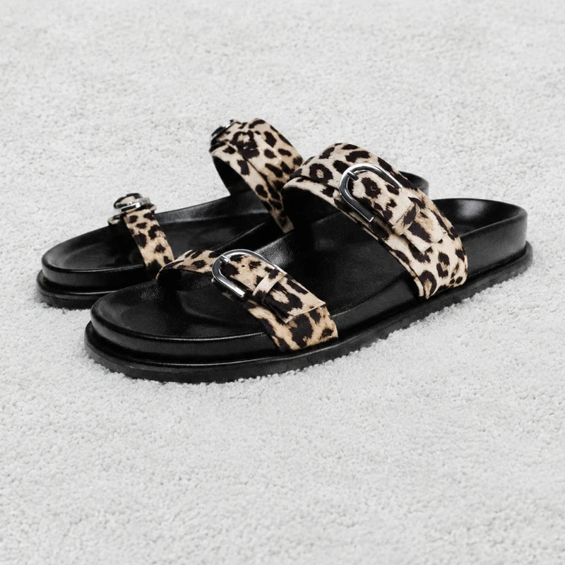 Women's Leopard Print Platform Sandals 2026 Summer Chunky Double Buckle Design Casual Beach Shoes Open Toe Flat Footwear