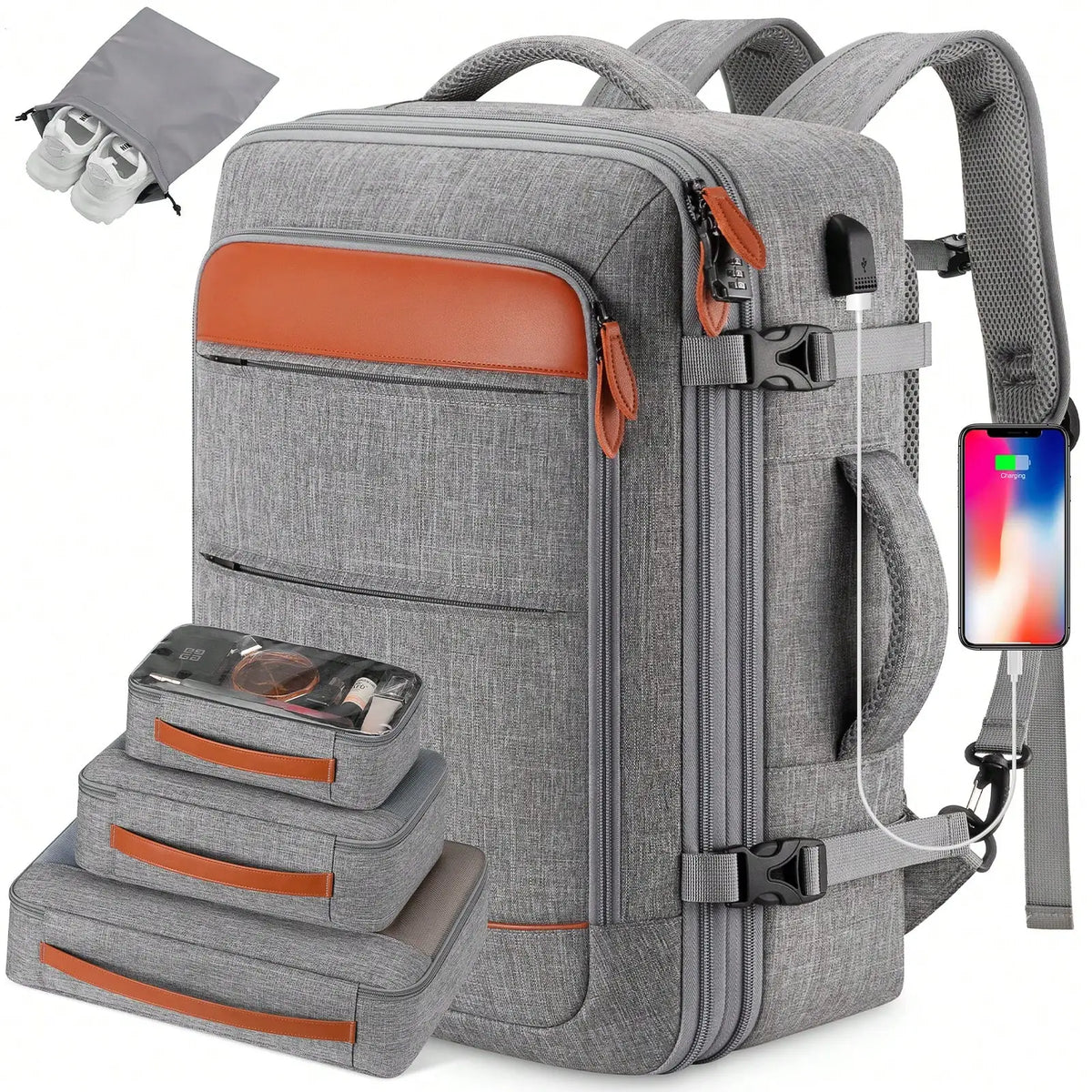 5PCS Travel Backpack Carry On Backpack 42L Flight Approved, Expandable Laptop Backpack With Packing Cubes & Shoe Pocket