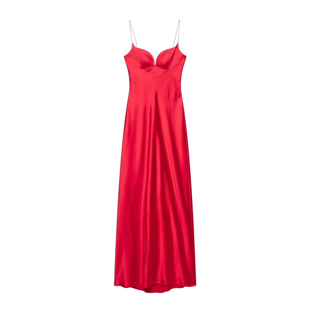 HH 2025 Women Red V-Neck Holiday Style Satin Texture Long Dress Sleeveless Summer Women's Back Zipper Fashion Sling Dresses