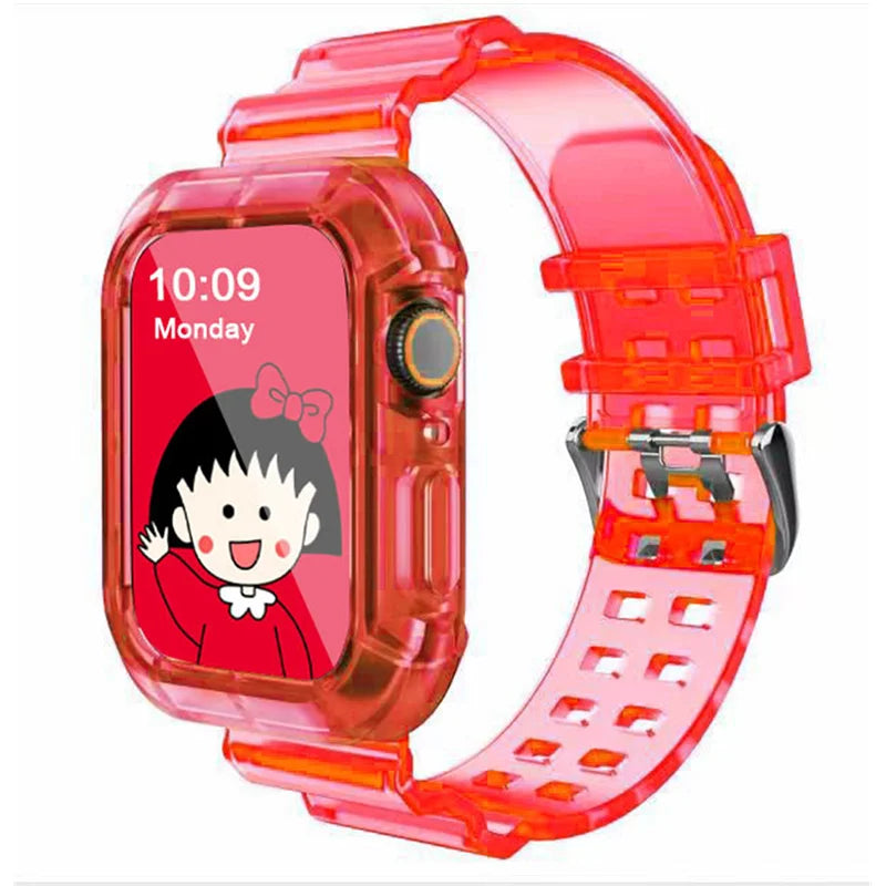 Clear Band + Case for Apple Watch Series 9 8 7 49mm 45mm 44mm 42mm 41mm Transparent Plastic Strap for iwatch 6 SE 5 4 38mm 40mm