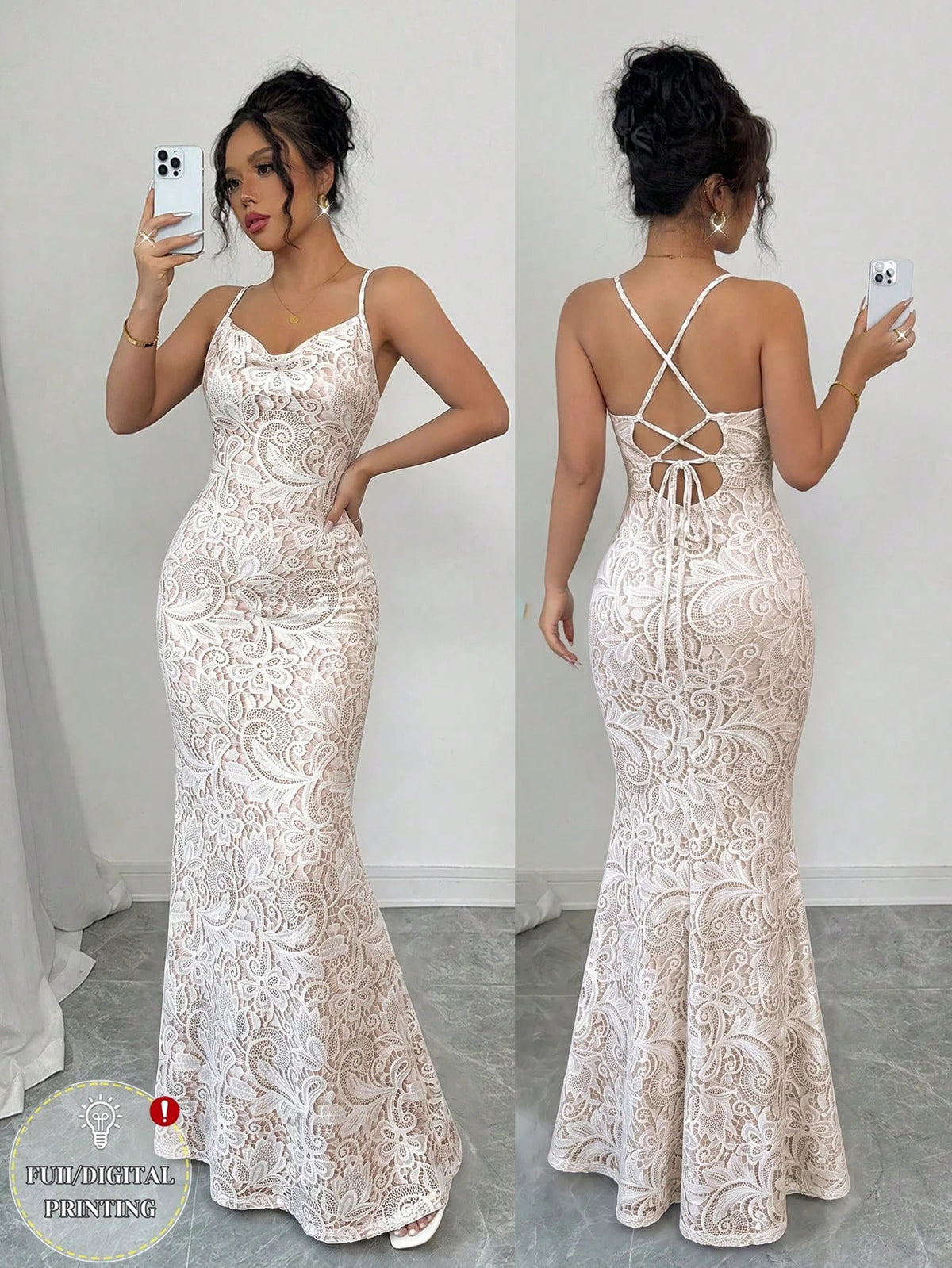 Elegant White Lace Print Slim-Fit Fishtail Dress, V-Neck Sleeveless Backless Tie-Waist Cocktail Dress