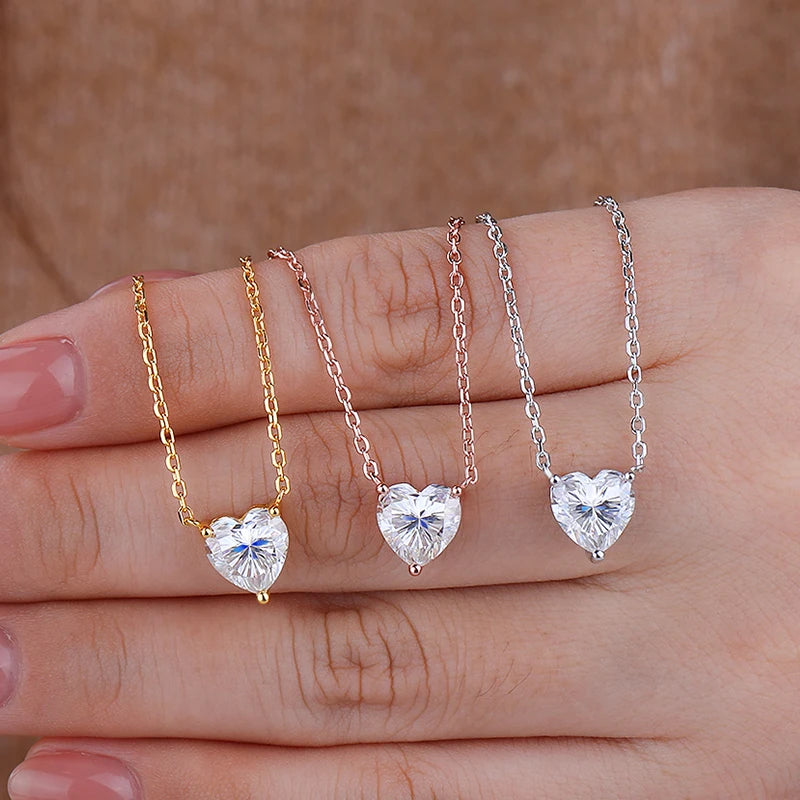 WSHUO 1/2/3ct Heart Cut Moissanite Pendant Necklace S925 Pure Silver Plated 18K Gold Women Necklace jewelry Gift GRA Certified