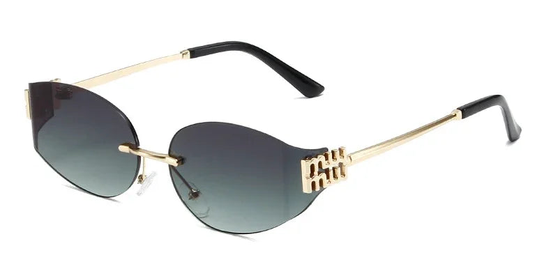 Rimless Oval Sunglasses Women UV400 Oversized Gradient Black Lenses Metal Frame Punk Decorative Glasses Men Goggles Female