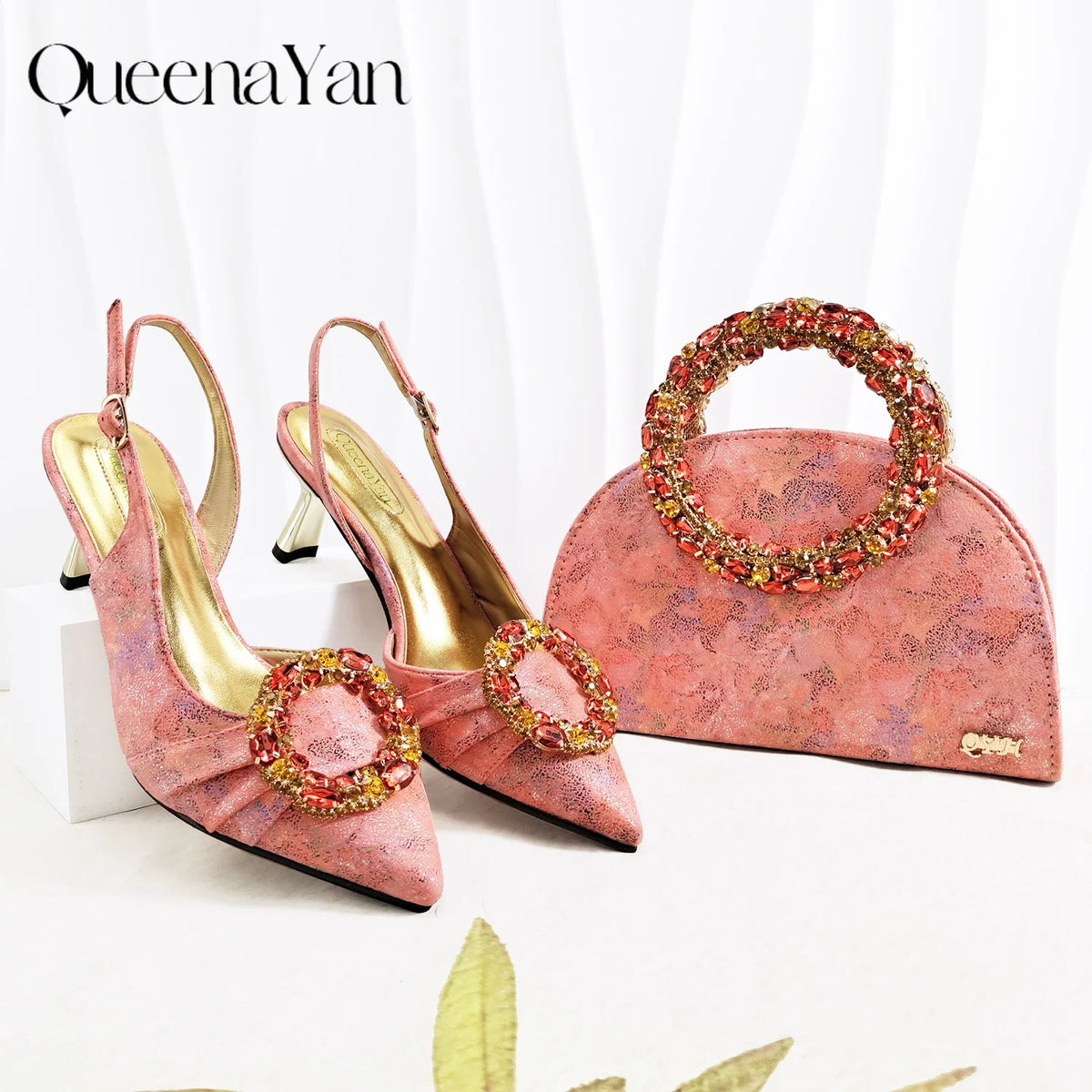 Shimmery Glitter Slingback Women High Heels Sky Blue Shoes and Matching Bag Set Rhinestone Wedding Party Banquet Events