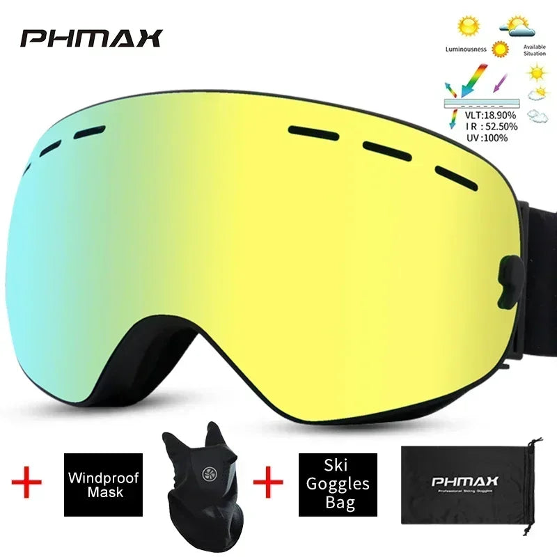 PHMAX Ski/Snowboard Goggles for Men Women, OTG Snow Goggles Anti Fog UV Protection Red Double Layers Lens Wide Vision Winter