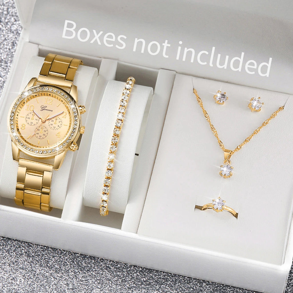 6PCS/Set Fashion Rhinestone Women Watches Analog Quartz Wrist Watch Jewelry Set Relogio Feminino（Without Box）