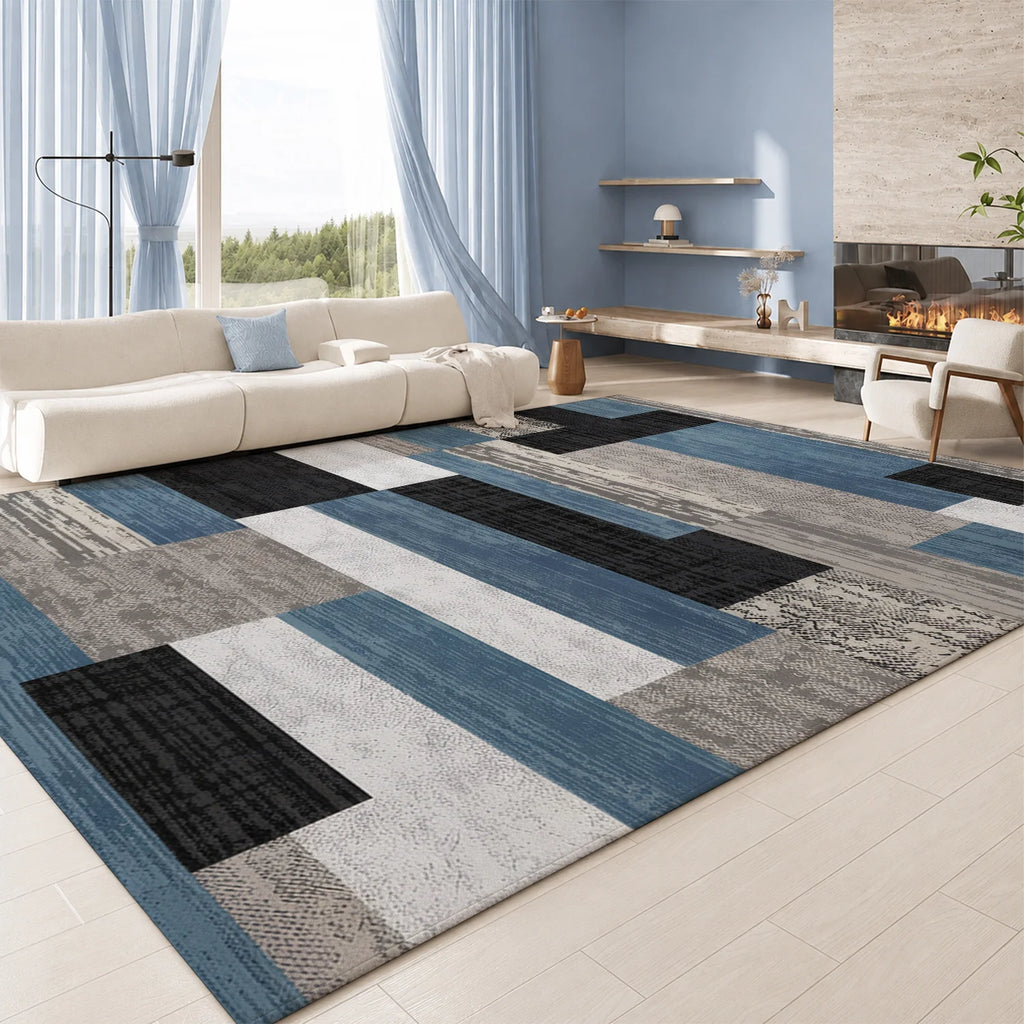 Large Indoor Area Rug Soft Velvet Low Pile with Non-Slip Dotted Backing, Machine Washable Modern Geometric Blue Gray Black Rug for Living Room Bedroom