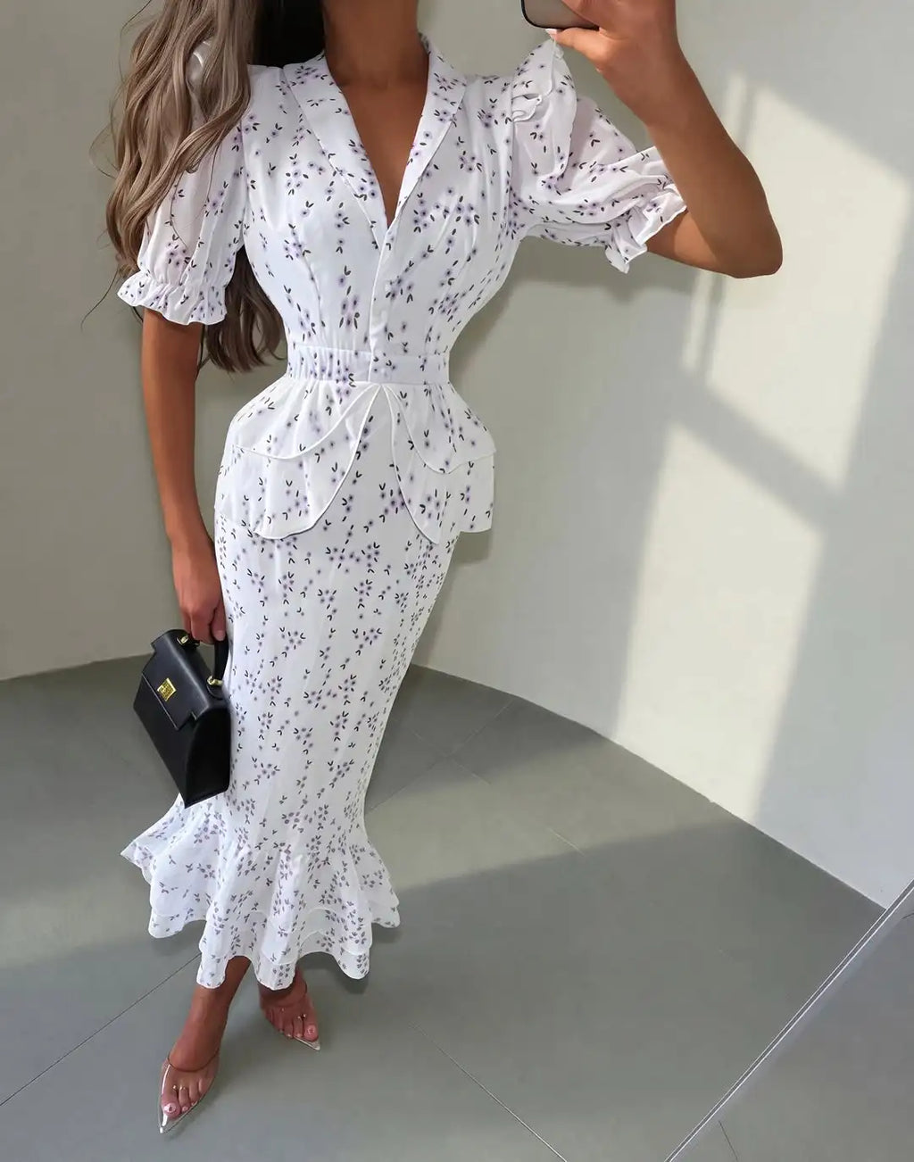Organza Floral Printed Maxi Dress Women V Neck High Split Puff Sleeve Waist Cinching Ruffle Long Dresses Vacation Summer Outfits