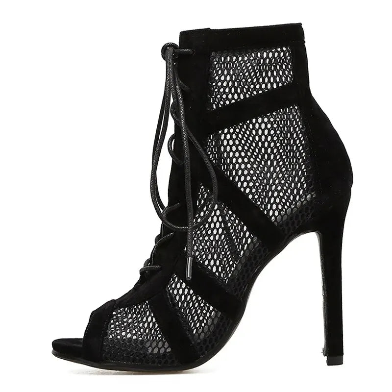 Sexy Cross-tied High Heels Hollow Mesh Sandals Summer Fashion Trend Comfort Peep Toe Boots Dance Female Stilettos Shoes Black
