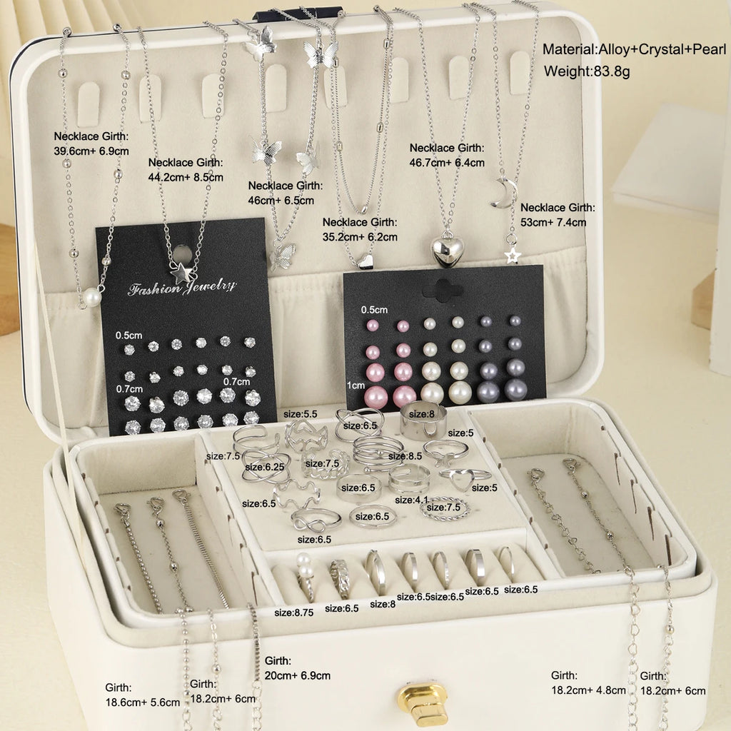 81 Pcs Vintage Elegant Imitation Pearl Zircon Butterfly Pendant Earrings Ring Necklace Bracelet For Women Daily Wear Jewelry Set