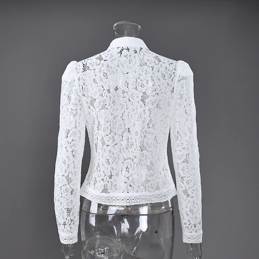 Linad Elegant Embroidery Puff Sleeve White Shirts Summer Sexy Hollow Out Lace Blouse Casual Sand Collar Top 2025 Vintage Shirts