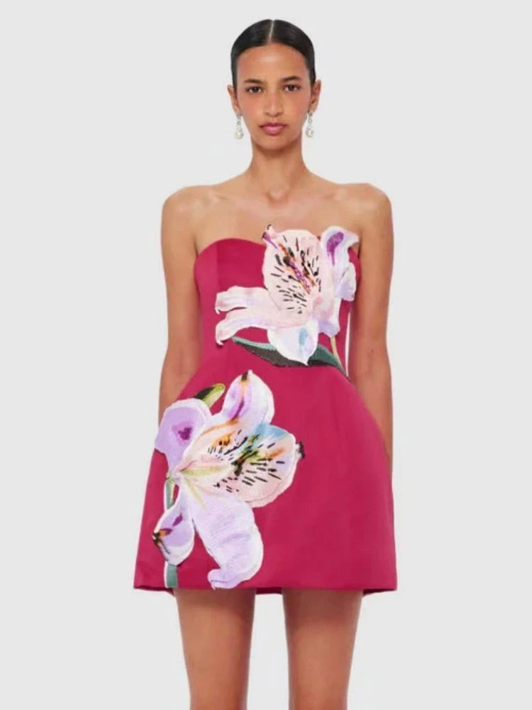 Sexy Strapless Embroidered Floral Mini Dress Women White Sleeveless Backless Flowers A-line Dresses Evening Party Cocktail Gowns