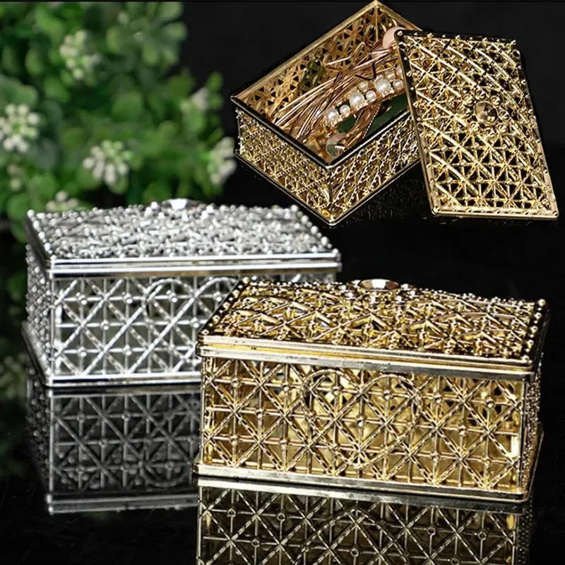 2Pcs Mini Treasure Jewelry Box Silver Hollow Flower Pattern Storage Case for Necklace Earring Ring