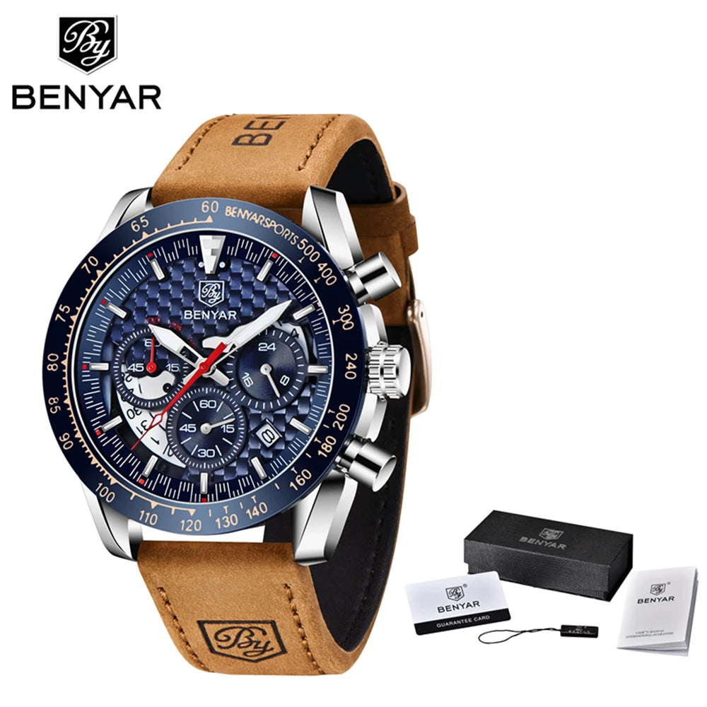 BENYAR Top Brand New Men Watches Leather Strap Luxury Waterproof Sport Quartz Chronograph Military Watch Men Clock Reloj Hombre