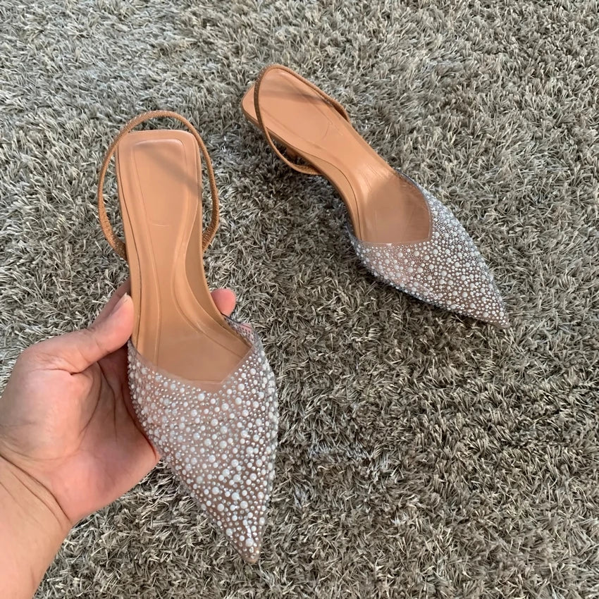 Summer Womens Pointed Toe High Heels Sandals Sexy Woman Shoes Fashion Pearl Decoration Party Wedding Slingback Woman Sandal Shoe