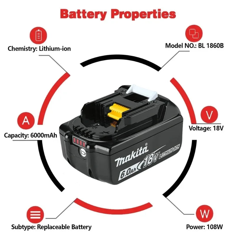Original 18V Makita Battery 6Ah Rechargeable Lithium-Ion Battery BL1860B for Makita 18V Power Tools Replace Battery