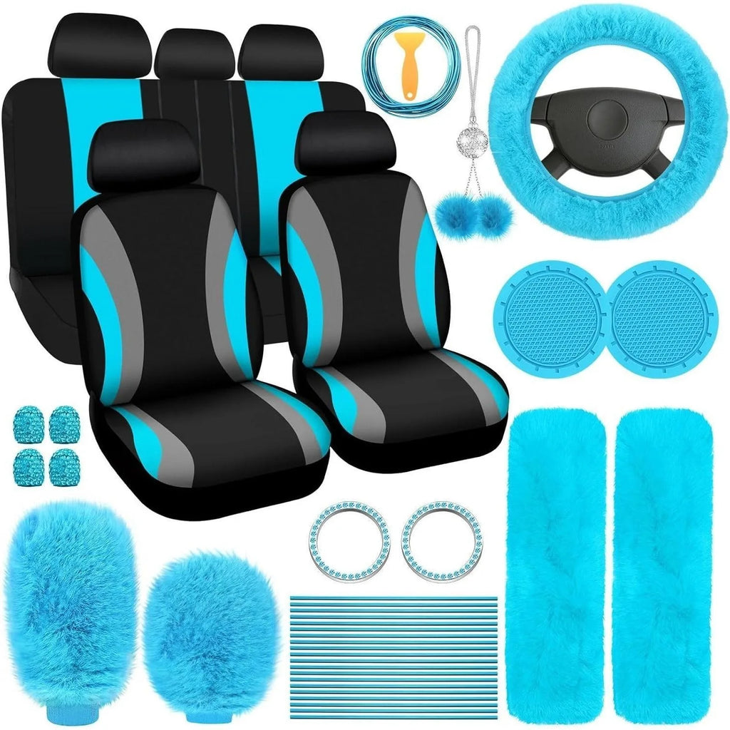 Fluffy Cute Women Car Accessories Set 45pcs Blue Steering Wheel Cover Seat Belt Handbrake Gear Shift Covers Great Gift