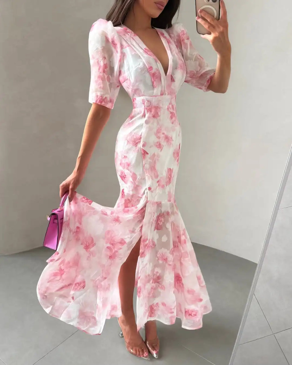 Women Printed V Neck Long Dress Flared Sleeve Lotus Leaf Edge High Waist Slim Fit Maxi Dresses Lady Elegant Evening Party Dress