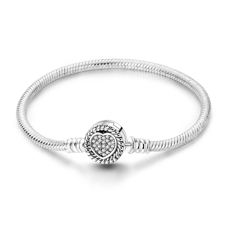 S925 Silver Plated Snake Bone Pattern and Inlaid Heart-Shaped Bracelet For Women Fit DIY Charms Beads Fine DIY Birthday Jewelry