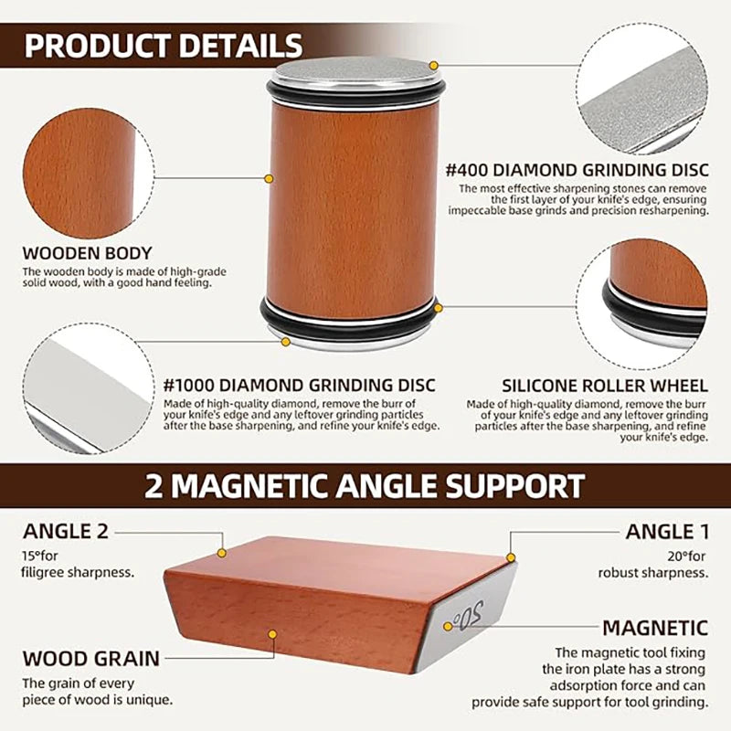 Rolling Knife Sharpener Magnetic Knife Holder Diamond Sharpening Stone Kit with 15 and 20 Degrees Angle Roller Kitchen Accessory