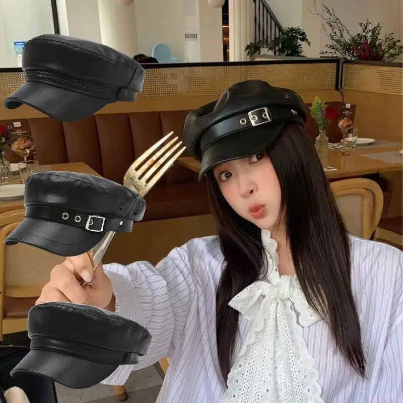 New PU Leather Beret Hat Autumn And Winter Versatile Beret Retro Flat Top Visor Adjustable Black Painter Hat Octagonal Cap